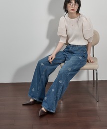 フラワー刺繍ストレートワイドデニムパンツ