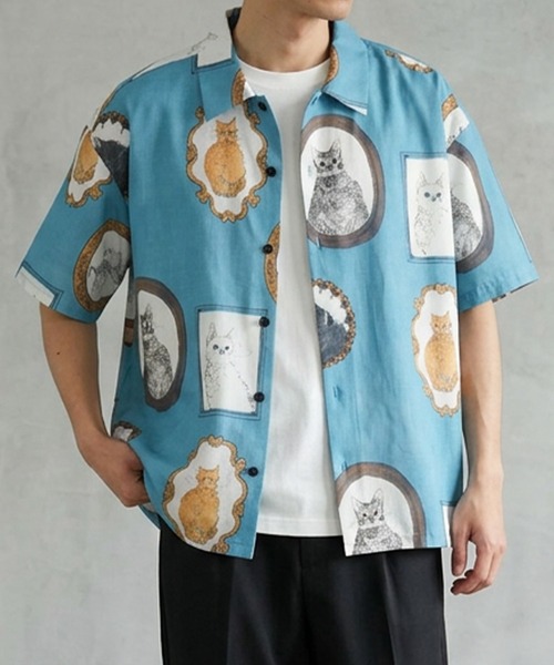 ADPOSION（アドポーション）の「ヴィンテージキャットプリントシャツ（シャツ/ブラウス・メンズ・ナチュラル/ブラック/サックスブルー・MEDIUM/LARGE）」の6枚目の写真