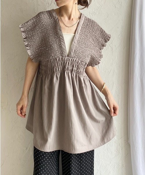 45R　ガーゼのシャーリングチュニックブラウス セール】深Vネック フレンチスリーブ 楊柳 シャーリング チュニック
