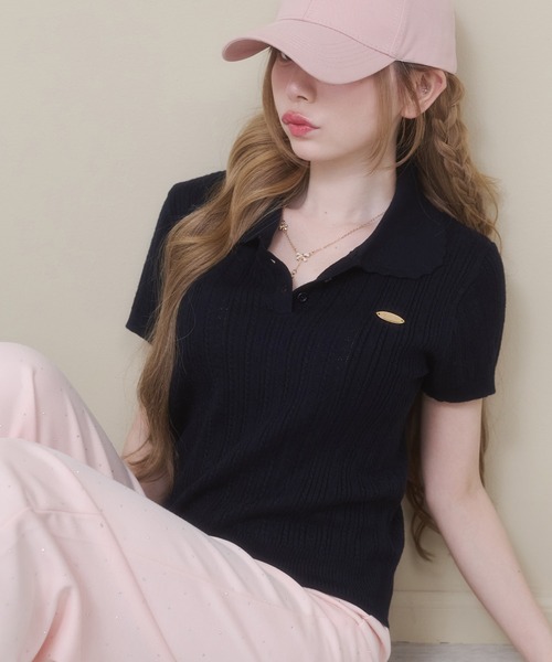 Rmine(アールマイン)の「スカラップ襟 リブニット トップス(半袖)(ニット/セーター・レディース・ネイビー/ホワイト/ブルー/グレー・FREE)」の3枚目の写真