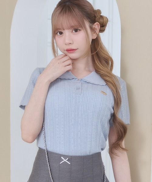 Rmine(アールマイン)の「スカラップ襟 リブニット トップス(半袖)(ニット/セーター・レディース・ネイビー/ホワイト/ブルー/グレー・FREE)」の4枚目の写真