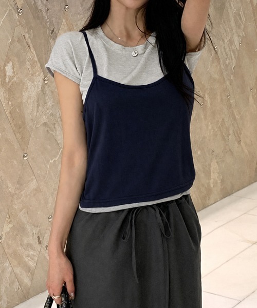 COCOMOMO(ココモモ)の「キャミソールドッキングTシャツ レイヤード風トップス 半袖 ドッキングトップス Tシャツ キャミソール ドッキング カットソー レイヤード風 ウエストリボン トップス 夏服(Tシャツ/カットソー・レディース・ライトブルー/ネイビー/グレー・FREE)」の3枚目の写真