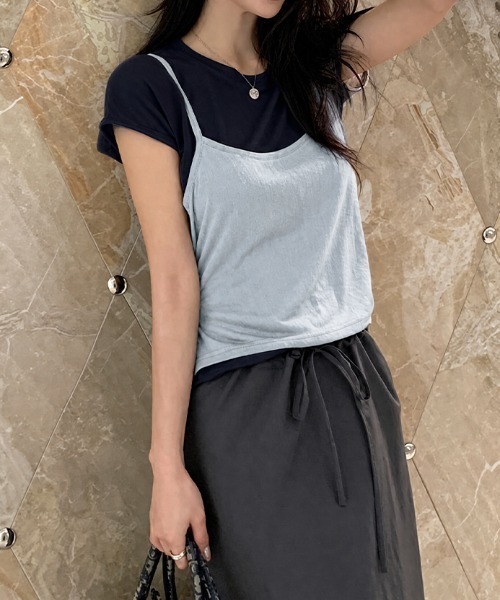 COCOMOMO(ココモモ)の「キャミソールドッキングTシャツ レイヤード風トップス 半袖 ドッキングトップス Tシャツ キャミソール ドッキング カットソー レイヤード風 ウエストリボン トップス 夏服(Tシャツ/カットソー・レディース・ライトブルー/ネイビー/グレー・FREE)」の11枚目の写真