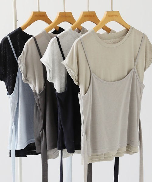 COCOMOMO(ココモモ)の「キャミソールドッキングTシャツ レイヤード風トップス 半袖 ドッキングトップス Tシャツ キャミソール ドッキング カットソー レイヤード風 ウエストリボン トップス 夏服(Tシャツ/カットソー・レディース・ライトブルー/ネイビー/グレー・FREE)」の5枚目の写真