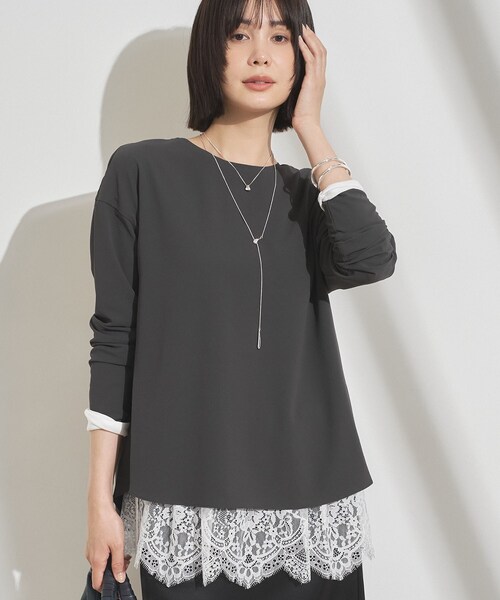 INDIVI(インディヴィ)の「【吸汗速乾/さらっと】キレイめロンT(Tシャツ/カットソー・レディース・チャコールグレー/ホワイト/サックスブルー・13/38/15 /34/05)」の1枚目の写真