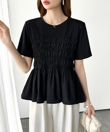 COCOMOMO | シャーリングペプラムトップス ペプラムTシャツ 半袖 シャーリング ペプラム トップス シャーリング Tシャツ カットソー 異素材 フレア 春服 夏服(Tシャツ/カットソー)