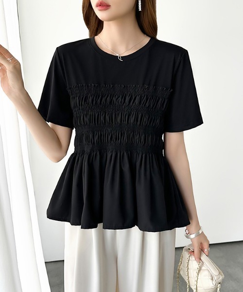 COCOMOMO(ココモモ)の「シャーリングペプラムトップス ペプラムTシャツ 半袖 シャーリング ペプラム トップス シャーリング Tシャツ カットソー 異素材 フレア 春服 夏服(Tシャツ/カットソー・レディース・ダークグレー/ブラック/ホワイト・FREE)」の1枚目の写真