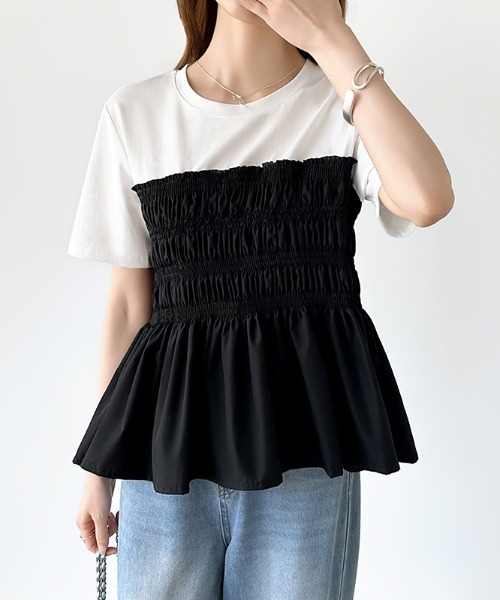COCOMOMO(ココモモ)の「シャーリングペプラムトップス ペプラムTシャツ 半袖 シャーリング ペプラム トップス シャーリング Tシャツ カットソー 異素材 フレア 春服 夏服(Tシャツ/カットソー・レディース・ダークグレー/ブラック/ホワイト・FREE)」の2枚目の写真