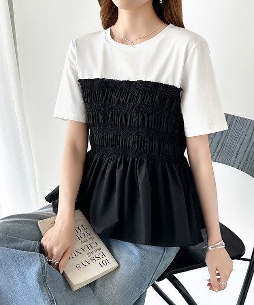 COCOMOMO(ココモモ)の「シャーリングペプラムトップス ペプラムTシャツ 半袖 シャーリング ペプラム トップス シャーリング Tシャツ カットソー 異素材 フレア 春服 夏服(Tシャツ/カットソー・レディース・ダークグレー/ブラック/ホワイト・FREE)」の20枚目の写真