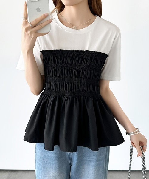 COCOMOMO(ココモモ)の「シャーリングペプラムトップス ペプラムTシャツ 半袖 シャーリング ペプラム トップス シャーリング Tシャツ カットソー 異素材 フレア 春服 夏服(Tシャツ/カットソー・レディース・ダークグレー/ブラック/ホワイト・FREE)」の8枚目の写真