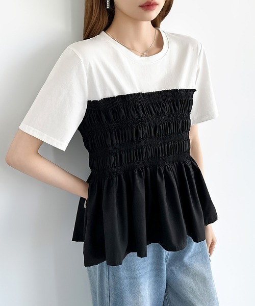 COCOMOMO(ココモモ)の「シャーリングペプラムトップス ペプラムTシャツ 半袖 シャーリング ペプラム トップス シャーリング Tシャツ カットソー 異素材 フレア 春服 夏服(Tシャツ/カットソー・レディース・ダークグレー/ブラック/ホワイト・FREE)」の9枚目の写真