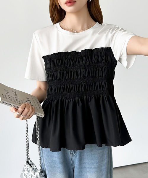 COCOMOMO(ココモモ)の「シャーリングペプラムトップス ペプラムTシャツ 半袖 シャーリング ペプラム トップス シャーリング Tシャツ カットソー 異素材 フレア 春服 夏服(Tシャツ/カットソー・レディース・ダークグレー/ブラック/ホワイト・FREE)」の18枚目の写真