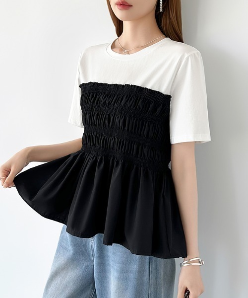 COCOMOMO(ココモモ)の「シャーリングペプラムトップス ペプラムTシャツ 半袖 シャーリング ペプラム トップス シャーリング Tシャツ カットソー 異素材 フレア 春服 夏服(Tシャツ/カットソー・レディース・ダークグレー/ブラック/ホワイト・FREE)」の10枚目の写真