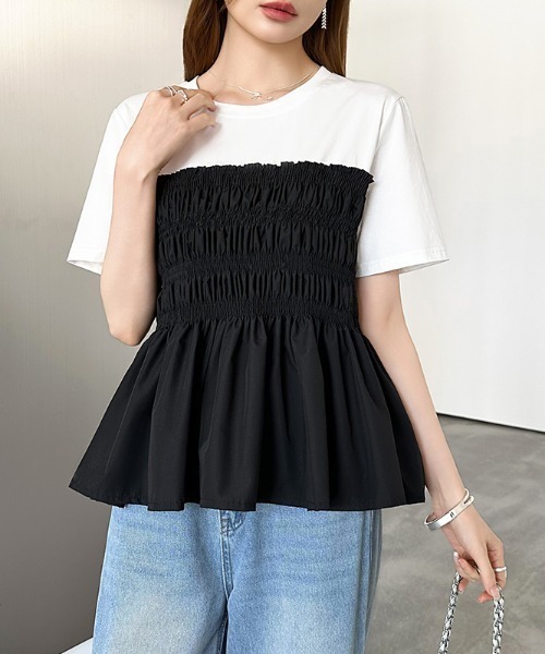 COCOMOMO(ココモモ)の「シャーリングペプラムトップス ペプラムTシャツ 半袖 シャーリング ペプラム トップス シャーリング Tシャツ カットソー 異素材 フレア 春服 夏服(Tシャツ/カットソー・レディース・ダークグレー/ブラック/ホワイト・FREE)」の21枚目の写真