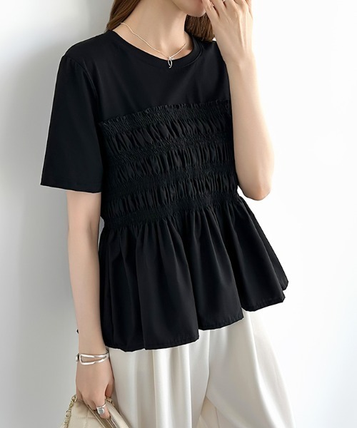 COCOMOMO(ココモモ)の「シャーリングペプラムトップス ペプラムTシャツ 半袖 シャーリング ペプラム トップス シャーリング Tシャツ カットソー 異素材 フレア 春服 夏服(Tシャツ/カットソー・レディース・ダークグレー/ブラック/ホワイト・FREE)」の12枚目の写真