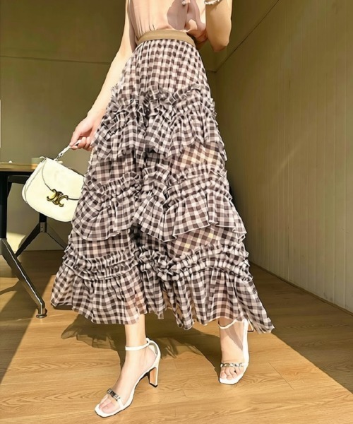 center i(センターアイ)の「ギンガムチェック ボリュームフリル ティアードロングスカート(スカート・レディース・ピンク/ブラウン・FREE)」の8枚目の写真
