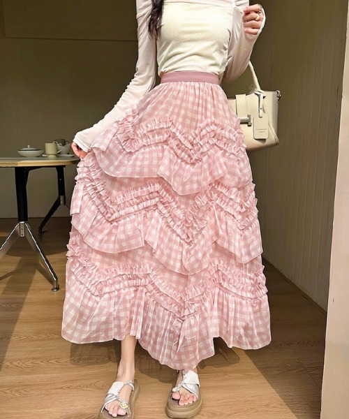 center i(センターアイ)の「ギンガムチェック ボリュームフリル ティアードロングスカート(スカート・レディース・ピンク/ブラウン・FREE)」の11枚目の写真
