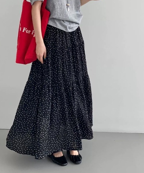 shoppinggo(ショッピングゴー)の「フレアスカート ドット柄スカート Aライン ハイウエスト ウエストゴム ゆったり 普段使い(スカート・レディース・ブラック/ベージュ・FREE)」の20枚目の写真