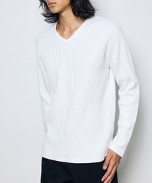 ヘビーワッフルVネックトップス 秋服 冬服　春服　長袖　ロンT　無地