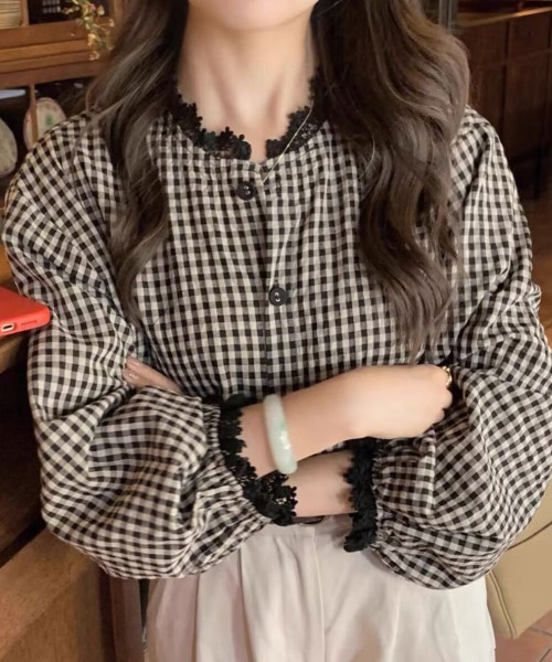 Flugge(フラッジー)の「ギンガムチェックレースブラウス(シャツ/ブラウス・レディース・ブラック・LARGE/MEDIUM)」の6枚目の写真