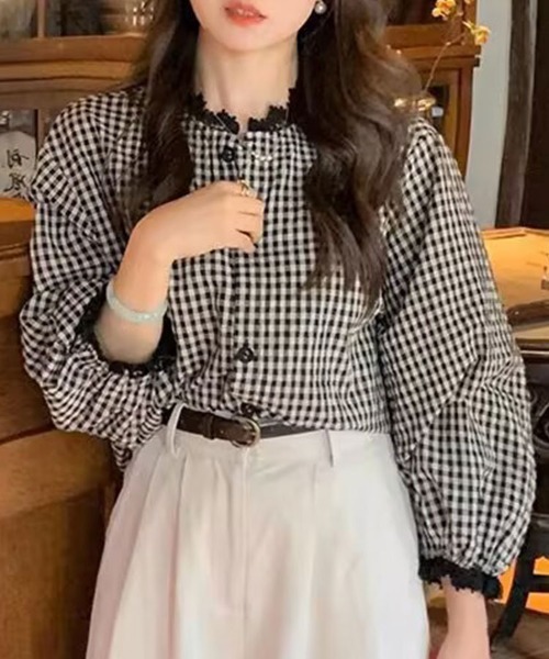 Flugge(フラッジー)の「ギンガムチェックレースブラウス(シャツ/ブラウス・レディース・ブラック・LARGE/MEDIUM)」の4枚目の写真
