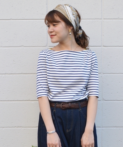 Prefer SHIPS（プリファーシップス）の「Prefer SHIPS: コットンボーダーショートカットソー◇（Tシャツ/カットソー・レディース・ベージュ/ブラック/ブルー/オリーブ/ダークグレー・ONE SIZE）」の5枚目の写真