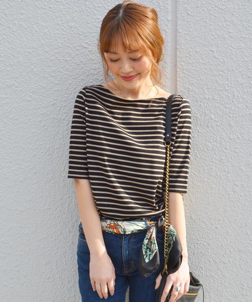 Prefer SHIPS（プリファーシップス）の「Prefer SHIPS: コットンボーダーショートカットソー◇（Tシャツ/カットソー・レディース・ベージュ/ブラック/ブルー/オリーブ/ダークグレー・ONE SIZE）」の4枚目の写真