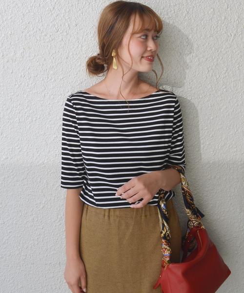 Prefer SHIPS（プリファーシップス）の「Prefer SHIPS: コットンボーダーショートカットソー◇（Tシャツ/カットソー・レディース・ベージュ/ブラック/ブルー/オリーブ/ダークグレー・ONE SIZE）」の3枚目の写真