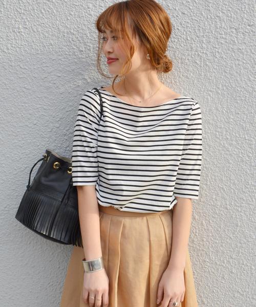 Prefer SHIPS（プリファーシップス）の「Prefer SHIPS: コットンボーダーショートカットソー◇（Tシャツ/カットソー・レディース・ベージュ/ブラック/ブルー/オリーブ/ダークグレー・ONE SIZE）」の2枚目の写真