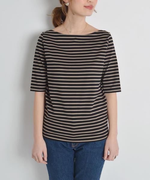 Prefer SHIPS（プリファーシップス）の「Prefer SHIPS: コットンボーダーショートカットソー◇（Tシャツ/カットソー・レディース・ベージュ/ブラック/ブルー/オリーブ/ダークグレー・ONE SIZE）」の6枚目の写真