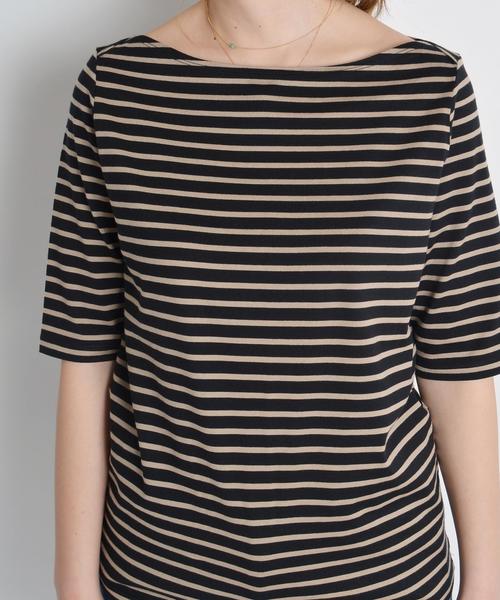 Prefer SHIPS（プリファーシップス）の「Prefer SHIPS: コットンボーダーショートカットソー◇（Tシャツ/カットソー・レディース・ベージュ/ブラック/ブルー/オリーブ/ダークグレー・ONE SIZE）」の9枚目の写真