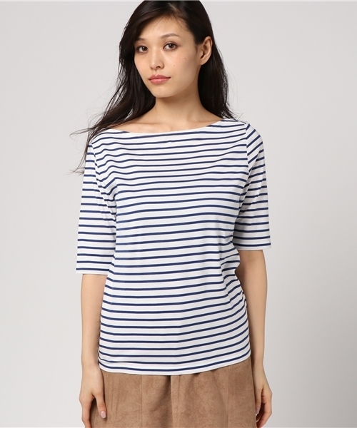 Prefer SHIPS（プリファーシップス）の「Prefer SHIPS: コットンボーダーショートカットソー◇（Tシャツ/カットソー・レディース・ベージュ/ブラック/ブルー/オリーブ/ダークグレー・ONE SIZE）」の14枚目の写真