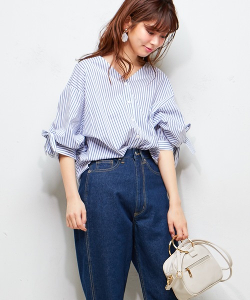 natural couture（ナチュラルクチュール）の「袖くしゅっとリボンシャツ（シャツ/ブラウス・レディース・アイボリー/ブラック/ピンクベージュ/ストライプ/チェック・FREE）」の5枚目の写真