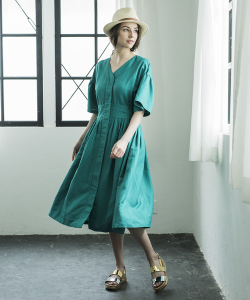 Emma Taylor(エマテイラー)の「【STYLEBAR】リネンギャザーロングワンピース(ワンピース)」|ターコイズブルー