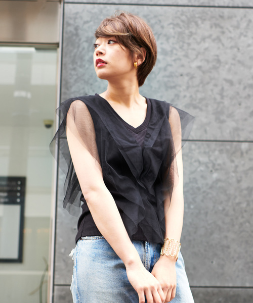 CIAOPANIC（チャオパニック）の「チュールトップス（Tシャツ/カットソー・レディース・ブラック/グレー・FREE）」の2枚目の写真