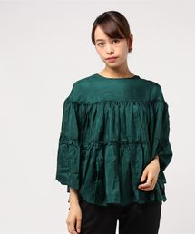 美品　ヌキテパ　グリーン　ブラウス　2023年 美品 ヌキテパ コットンシルク 花柄 バンドカラー ギャザー
