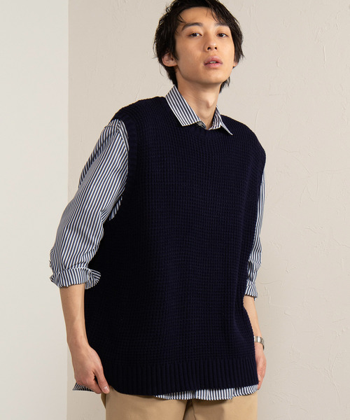 WEGO（ウィゴー）の「WEGO/オーバーサイズビッグシルエットニットベスト（ベスト・メンズ・ベージュ/ネイビー/サックスブルー/杢グレー・MEDIUM/LARGE）」の3枚目の写真