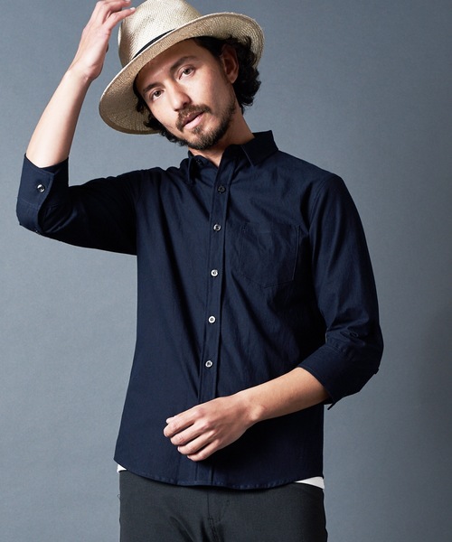 Magine(マージン)の「CTN/LI STANDARD SHIRTS 3/4SL:コットン/リネン スタンダードシャツ 7SL(シャツ/ブラウス)」|ネイビー
