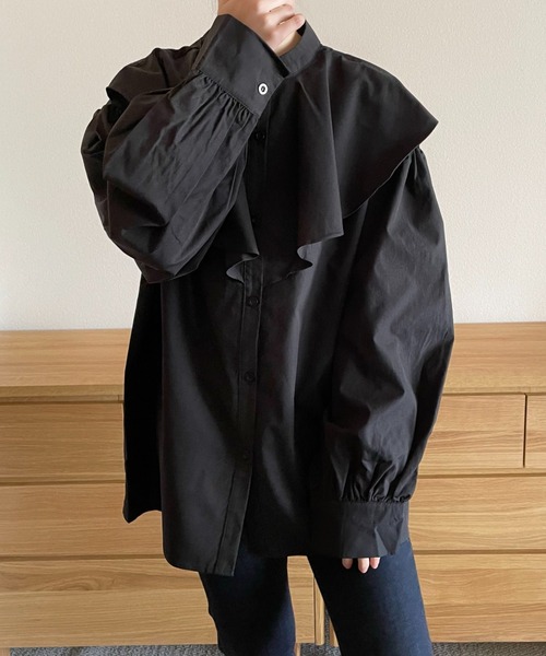 emi+(エミプラス)の「スタンドネック フリルチュニックシャツ(ワンピース・レディース・ブルー/ホワイト/ブラック/モカ/ベージュ/ライトグリーン・FREE)」の14枚目の写真