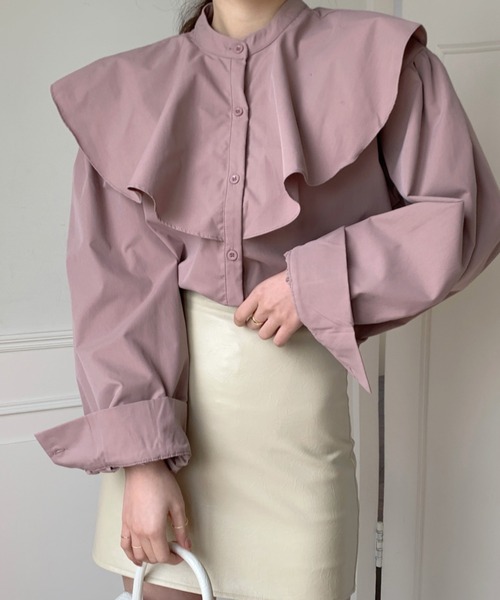 emi+(エミプラス)の「スタンドネック フリルチュニックシャツ(ワンピース・レディース・ブルー/ホワイト/ブラック/モカ/ベージュ/ライトグリーン・FREE)」の20枚目の写真