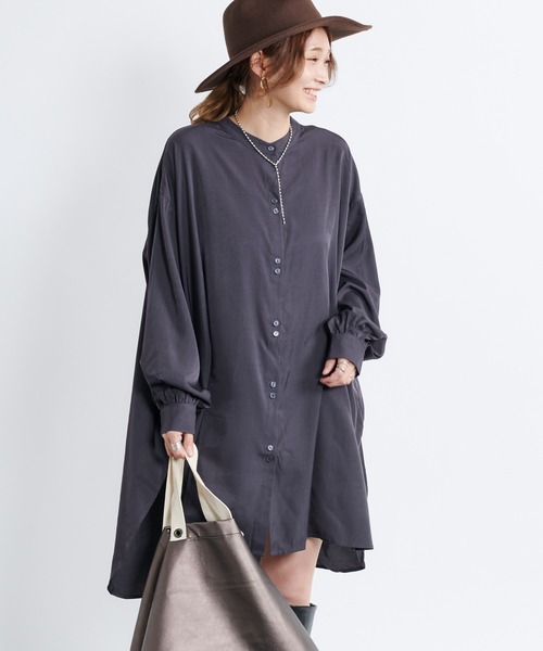 DouDou（ドゥドゥ）の「2連ボタンBIGチュニックシャツ（シャツ/ブラウス・レディース・チャコールグレー/オフホワイト/ライトグリーン・FREE）」の8枚目の写真