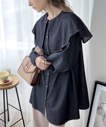 classicalelf | 大人可愛いニュアンス系。綿100、ビッグカラーダンガリーチュニック丈ブラウス(シャツ/ブラウス)