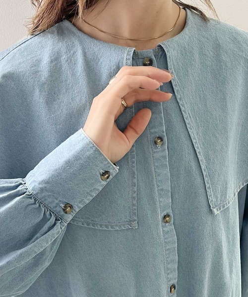 classicalelf（クラシカルエルフ）の「大人可愛いニュアンス系。綿100、ビッグカラーダンガリーチュニック丈ブラウス（シャツ/ブラウス・レディース・インディゴブルー/ブルー・SMALL/MEDIUM/LARGE/X-LARGE）」の11枚目の写真