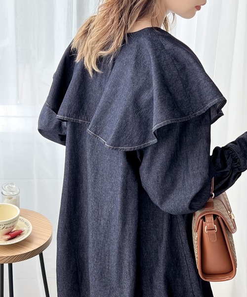 classicalelf（クラシカルエルフ）の「大人可愛いニュアンス系。綿100、ビッグカラーダンガリーチュニック丈ブラウス（シャツ/ブラウス・レディース・インディゴブルー/ブルー・SMALL/MEDIUM/LARGE/X-LARGE）」の7枚目の写真