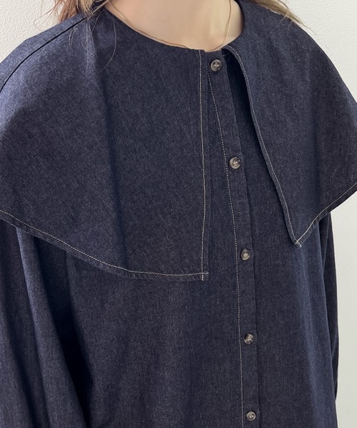 classicalelf（クラシカルエルフ）の「大人可愛いニュアンス系。綿100、ビッグカラーダンガリーチュニック丈ブラウス（シャツ/ブラウス・レディース・インディゴブルー/ブルー・SMALL/MEDIUM/LARGE/X-LARGE）」の9枚目の写真