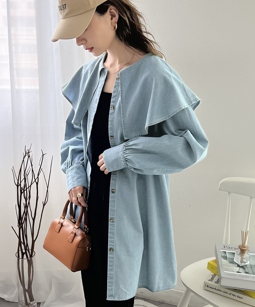 classicalelf（クラシカルエルフ）の「大人可愛いニュアンス系。綿100、ビッグカラーダンガリーチュニック丈ブラウス（シャツ/ブラウス・レディース・インディゴブルー/ブルー・SMALL/MEDIUM/LARGE/X-LARGE）」の3枚目の写真