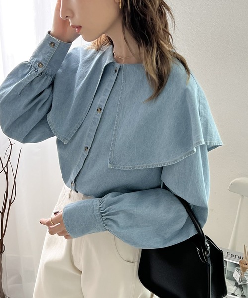 classicalelf（クラシカルエルフ）の「大人可愛いニュアンス系。綿100、ビッグカラーダンガリーチュニック丈ブラウス（シャツ/ブラウス・レディース・インディゴブルー/ブルー・SMALL/MEDIUM/LARGE/X-LARGE）」の5枚目の写真