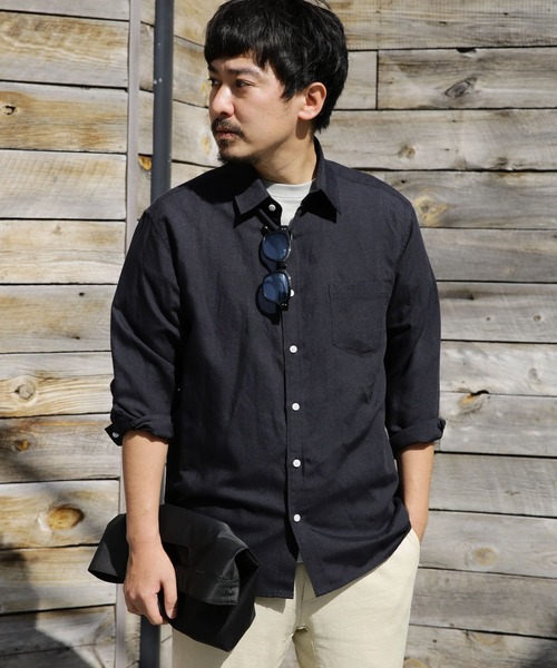 URBAN RESEARCH Sonny Label（アーバンリサーチサニーレーベル）の「ノルマンディーリネン七分袖シャツ（シャツ/ブラウス・メンズ・グリーン/ネイビー/オフホワイト/ストライプ/チェック・SMALL/LARGE/MEDIUM）」の4枚目の写真