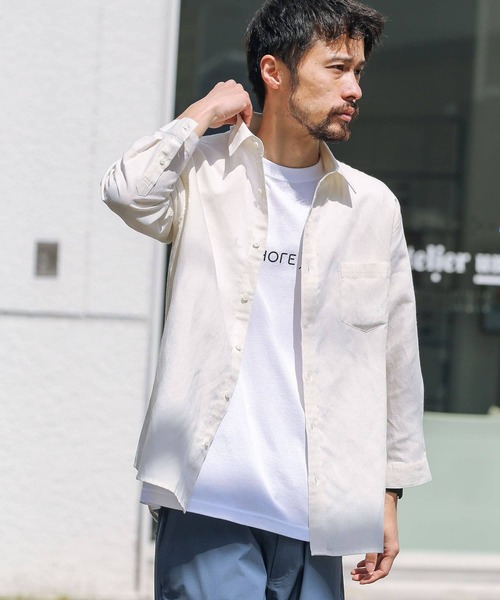URBAN RESEARCH Sonny Label（アーバンリサーチサニーレーベル）の「ノルマンディーリネン七分袖シャツ（シャツ/ブラウス・メンズ・グリーン/ネイビー/オフホワイト/ストライプ/チェック・SMALL/LARGE/MEDIUM）」の15枚目の写真