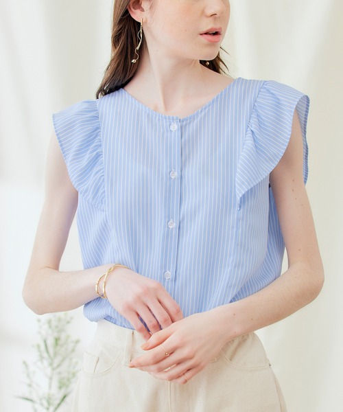 PURIL(ピュリル)の「【PURIL】2WAY仕様 フリルノースリーブブラウス(シャツ/ブラウス・レディース・ブラック/アイボリー/ストライプ・S/M)」の3枚目の写真